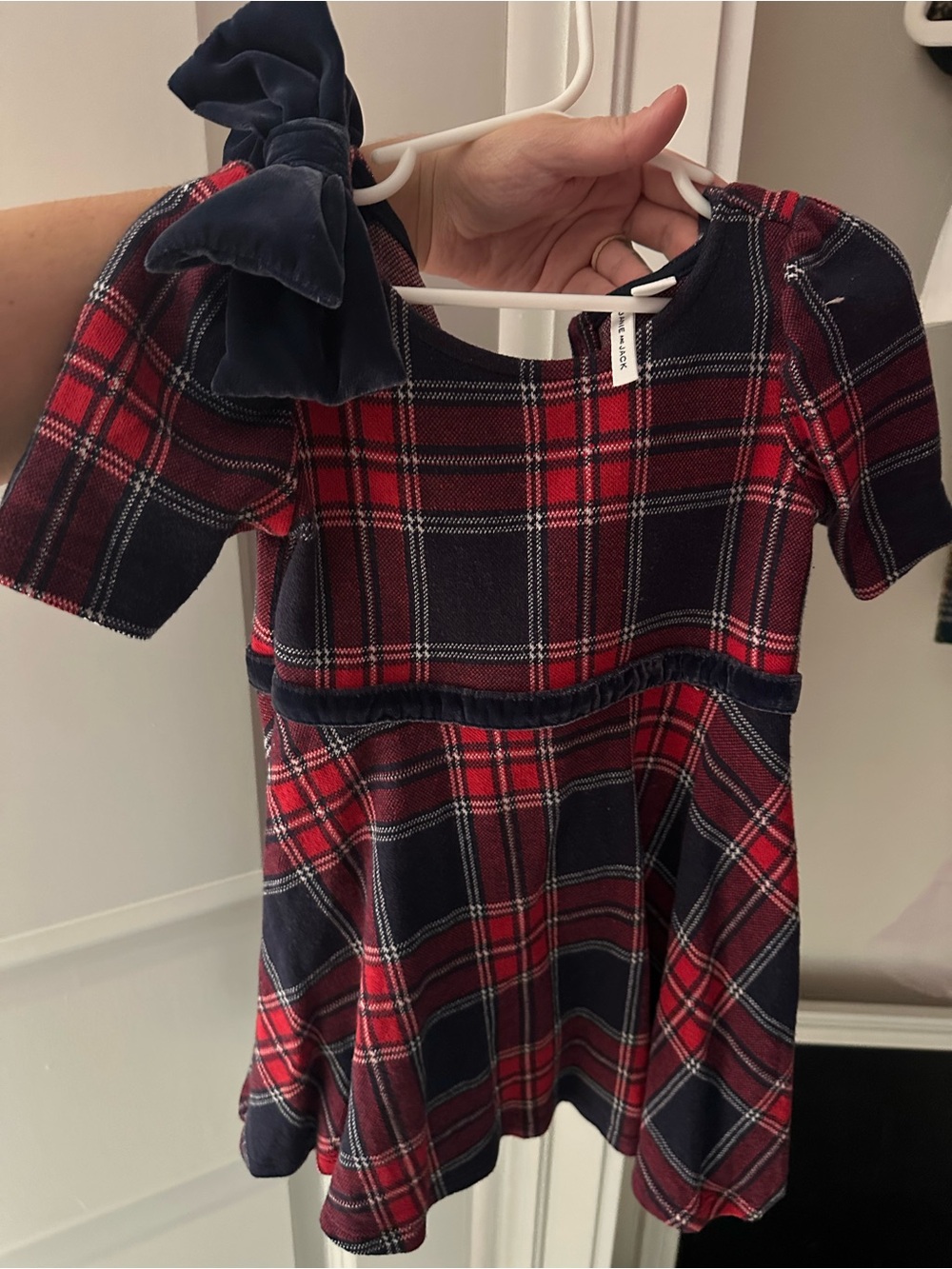 Janie and Jack Red & Navy Plaid Short Sleeve Dress with Velvet Bow